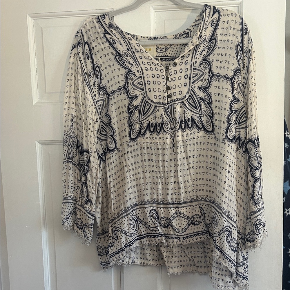 Maeve Cream and Blue Boho Blouse